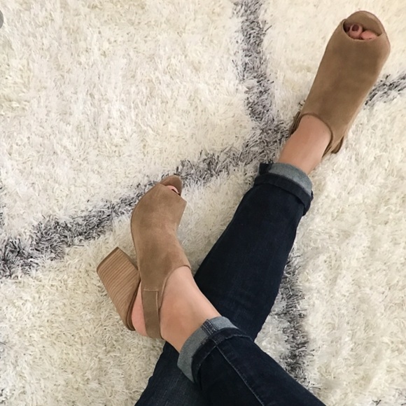 Anthropologie Shoes - Suede Cognac Peep Toe Block Heel Slingback Sandal